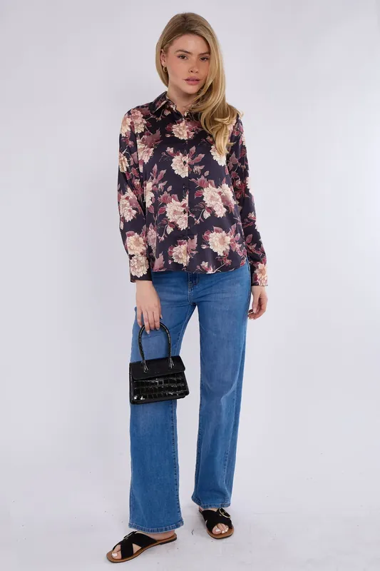 Navy Floral Print Satin Shirt - Love Sunshine