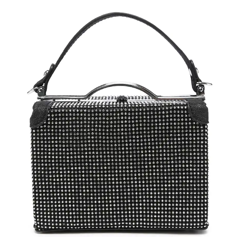 Rhinestone Box Top Handle Clutch Bag and Zippered Interior - Kitise