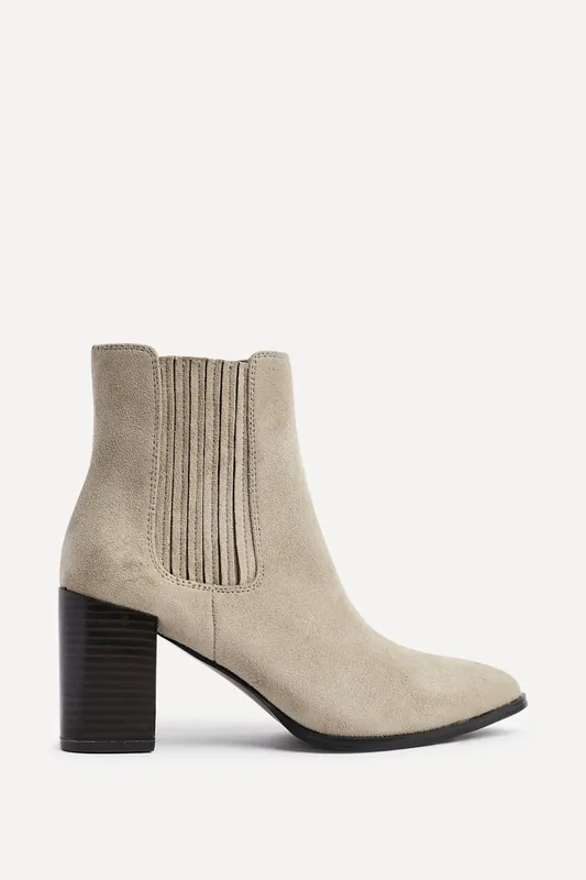 Thrive Taupe Suede Pointed Toe Stacked Blook Heeled Boot - Linzi