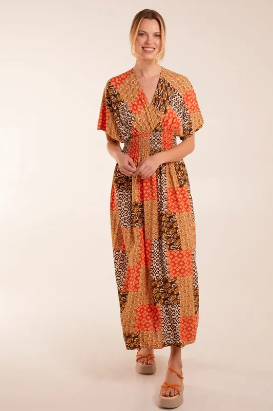 Abstract Pattern V Neck Midi Dress - Blue Vanilla
