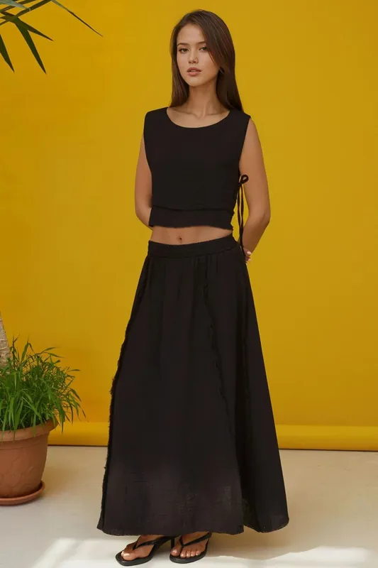 Elastic Waist Skirt-Side Tie Detail Blouse Muslin Set