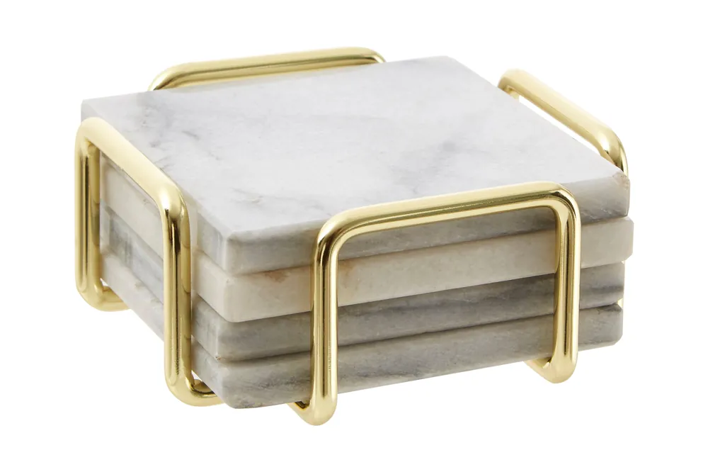 Set Of Four White Marble Coasters With Brass Finish Holder, Durable Natural Stone Coasters - Orsina