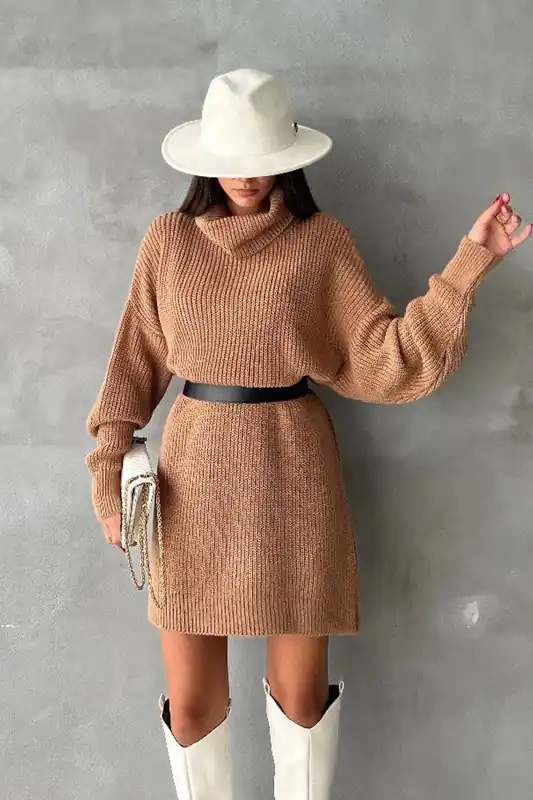 Knitted Turtleneck Long Sleeve Midi Oversized Dress - Hiccup