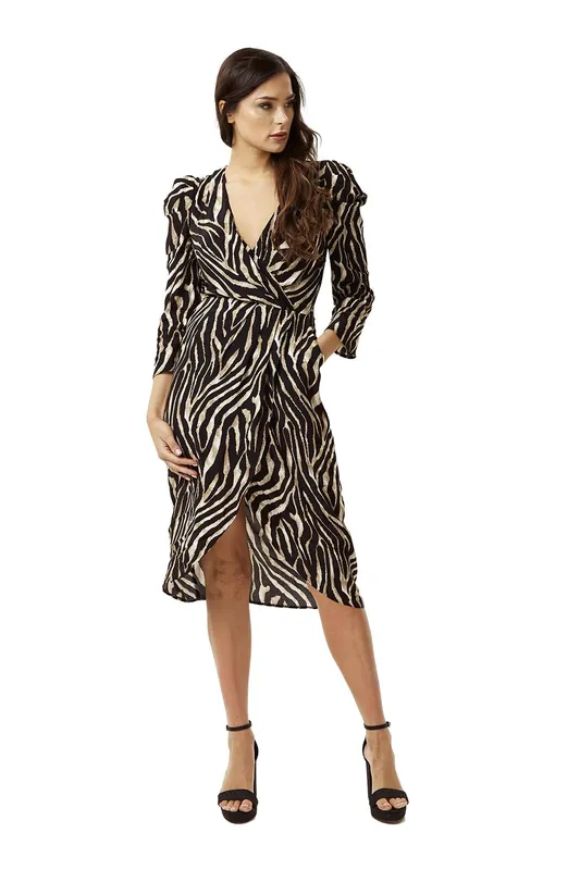 Zebra Print Wrap Effect Midi Dress - Liquorish
