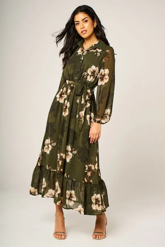 Floral Print Hem Detail Long Sleeve Shirt Midi Dress In Olive Green - FS Collection