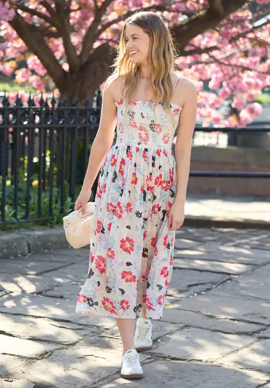 Jessica Detachable Strap Poppy Print Midi Dress In Multi - Lily and Lionel