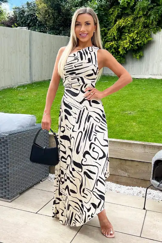 Black and Cream Printed One Shoulder Pleated Satin Midi Dress - AX Paris