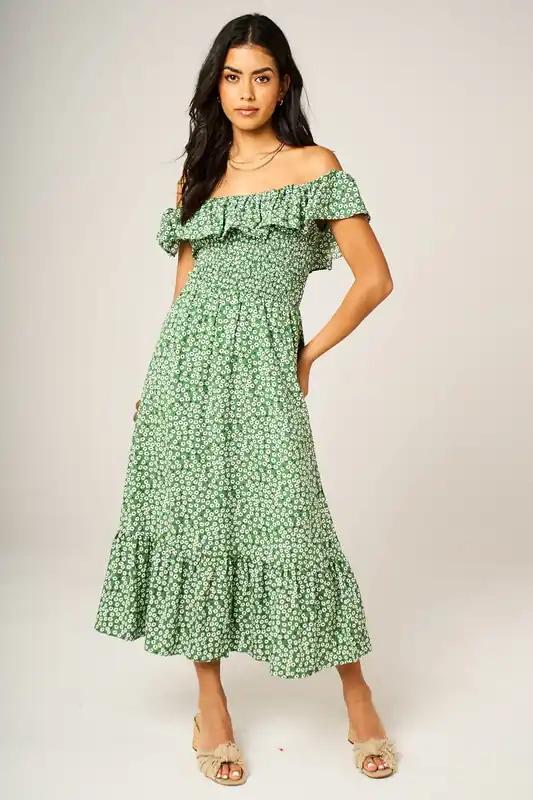 Green Floral Bardot Shirred Frill Midi Dress - FS Collection
