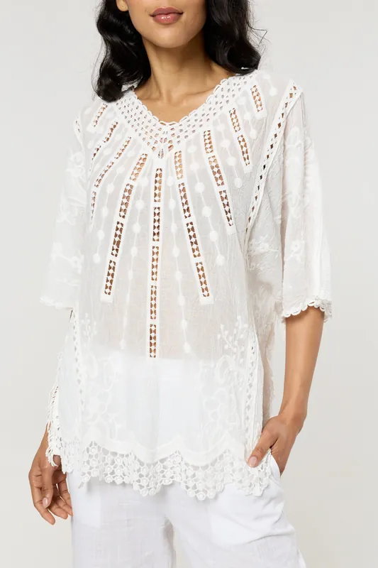White Cotton Lace Detail Boho Blouse - Liquorish