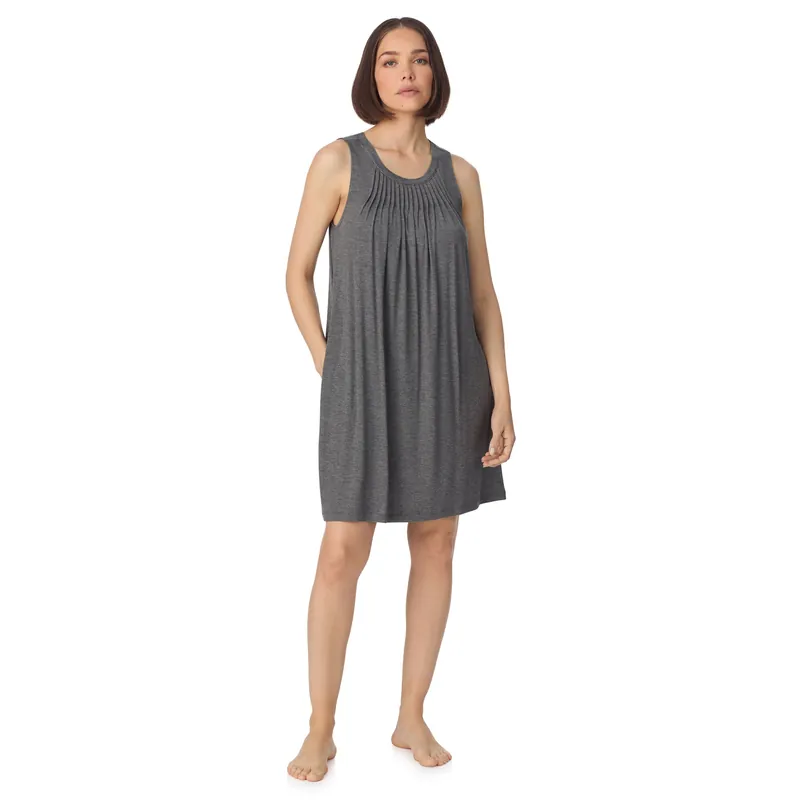 Sleeveless crew neck midi sleep tank chemise with pleats in grey - DKNY