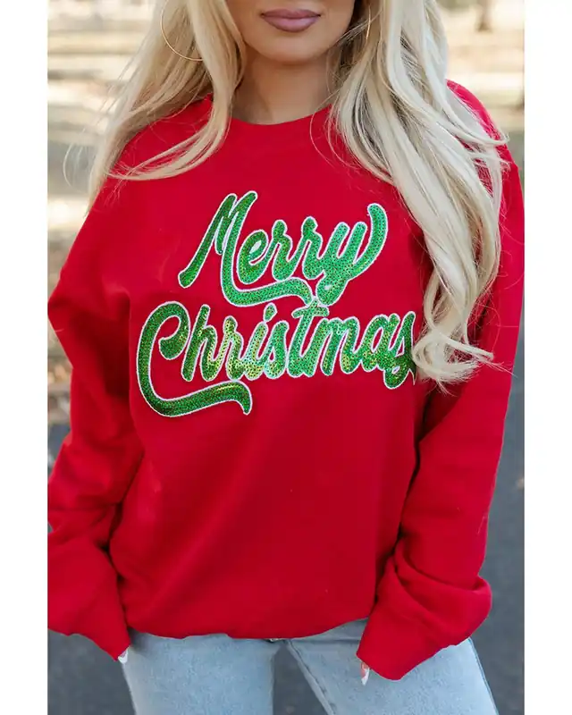 Red Merry Christmas Crewneck Drop Shoulder Loose Sweatshirt - Azura Exchange