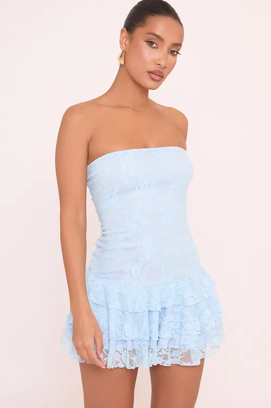 Sleeveless Frill Trim Lace Mini Dress - EGO