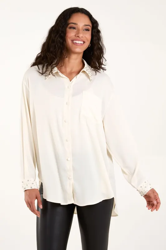 Embellished Collar & Cuff Satin Shirt - Blue Vanilla