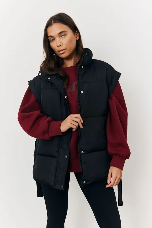 Black Tie Waist Puffer Gilet - In The Style