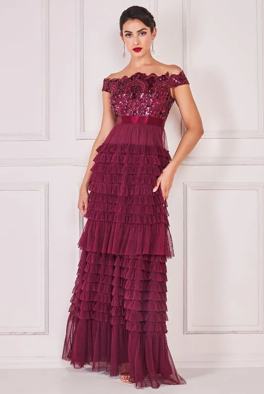 Scallop Bardot Ruffle Mesh Maxi - Goddiva