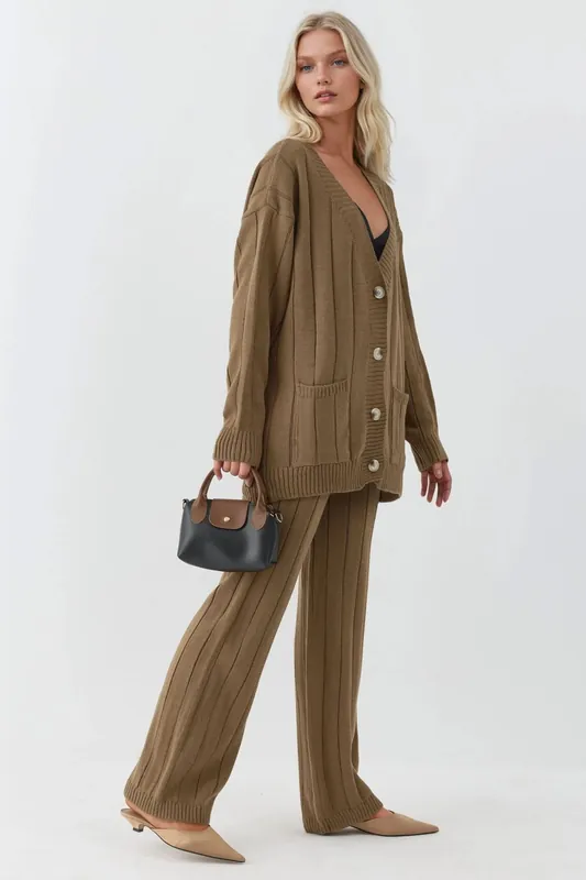 Textured Knit Co-ords with V-Neck Cardigan and Wide Leg Pants
