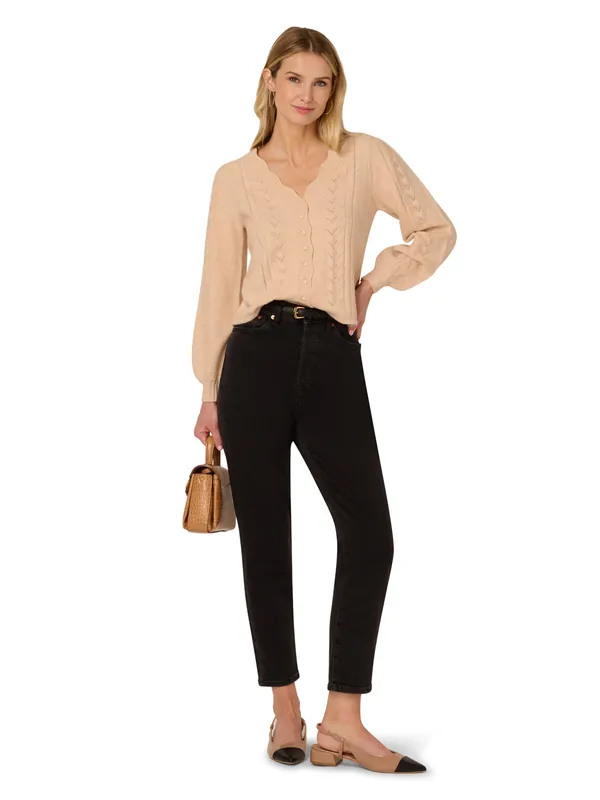 Pointelle Long Sleeve V-Neck Crochet Button Cardigan Sweater