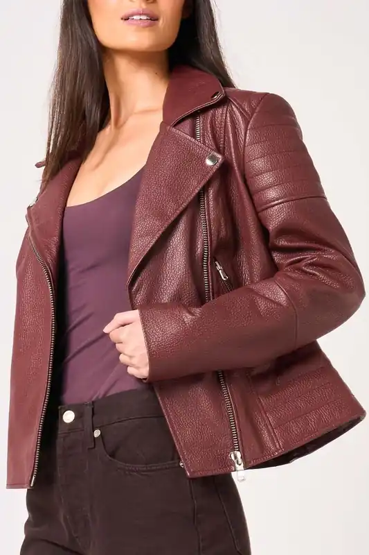 Real Leather Burgundy Asymmetric Biker - Barneys Originals