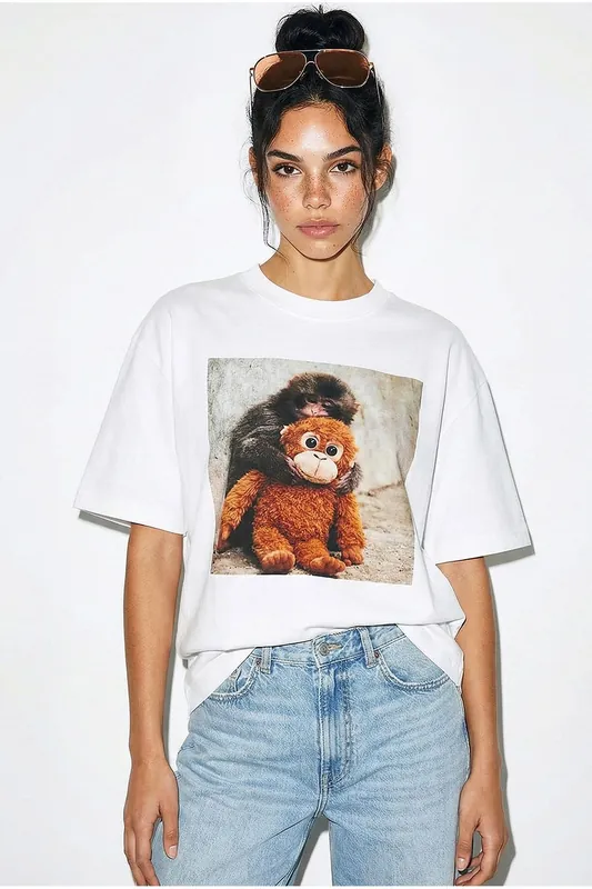 Oversized Printed Crew Neck T-Shirt with Accessory Detail
