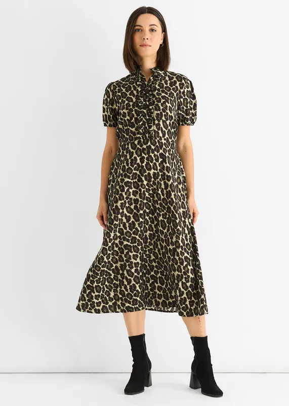 Green Animal Print Ruffle Neck Midi Dress - Gini London