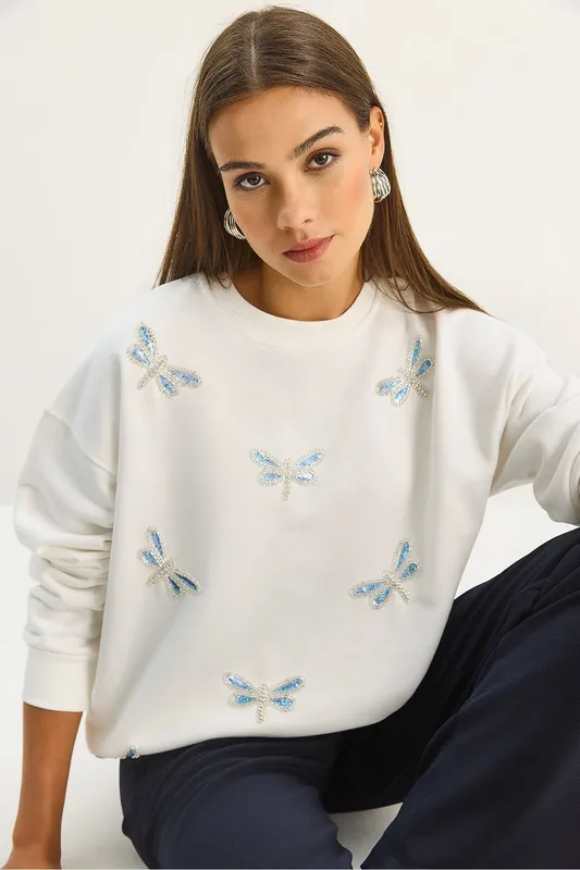 Dragonfly Embroidered Crew Neck Sweatshirt - Bianco Lucci