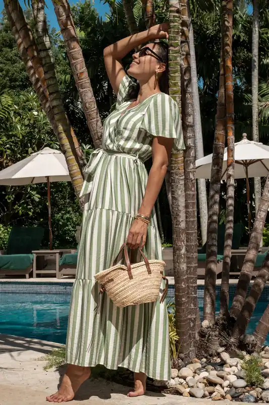 Sage Green Stripe Wrap Belted Viscose Midi Dress - Gini London