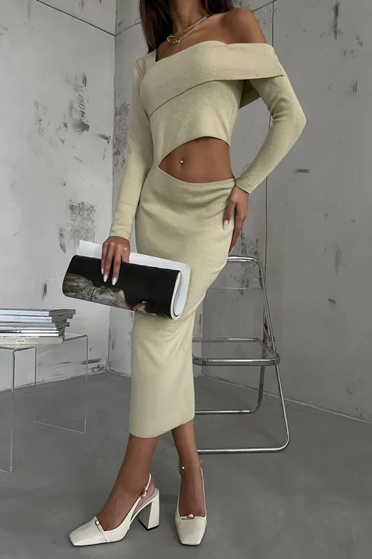 Knitted One Shoulder Asymmetrical Cut Out Maxi Bodycon Dress - Hiccup