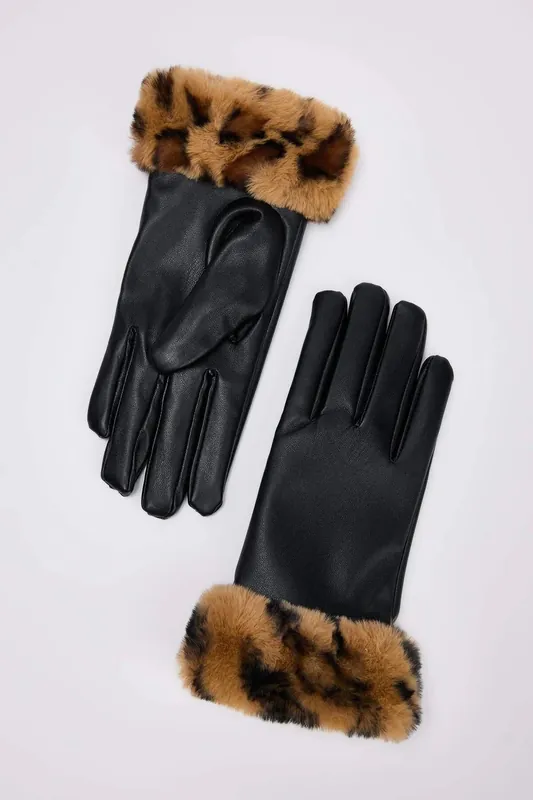Leopard Faux Fur Cuff Faux Leather Winter Gloves - WOVCOR