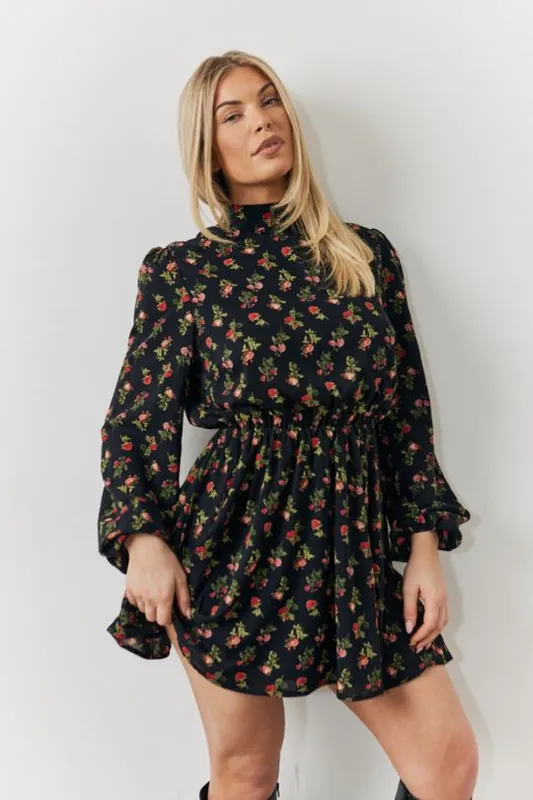 Black Rose Print High Neck Mini Dress - In The Style