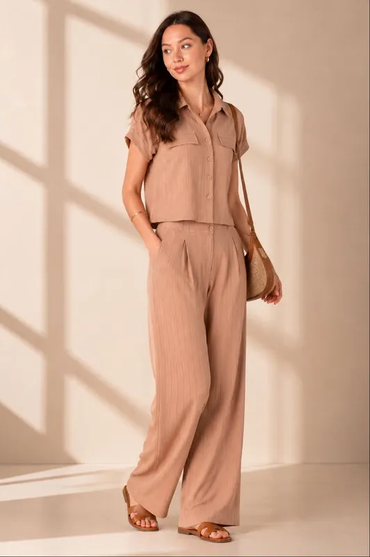 Beige Pinstripe Shirt and Trousers set - Love Sunshine