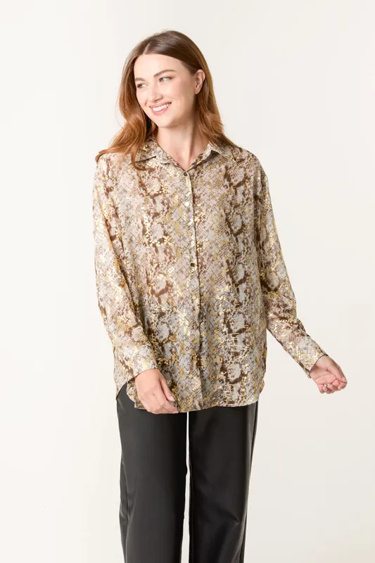 Gold Snake Print Long Sleeve Shirt - Blue Vanilla