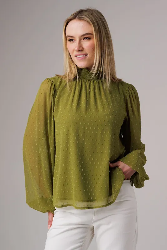 Textured High Neck Smock Long Sleeve Blouse - Influence