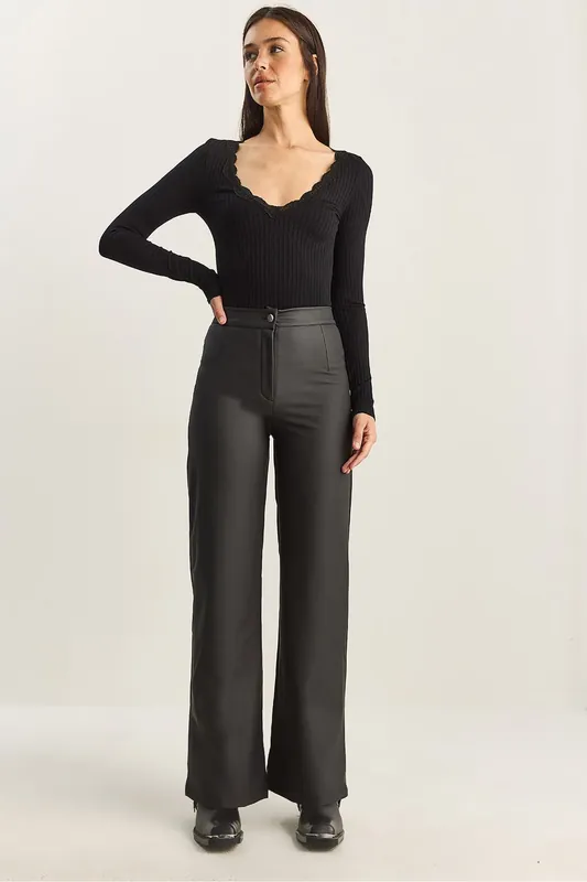 High Waist Wide Leg Faux Leather Pants - Bianco Lucci
