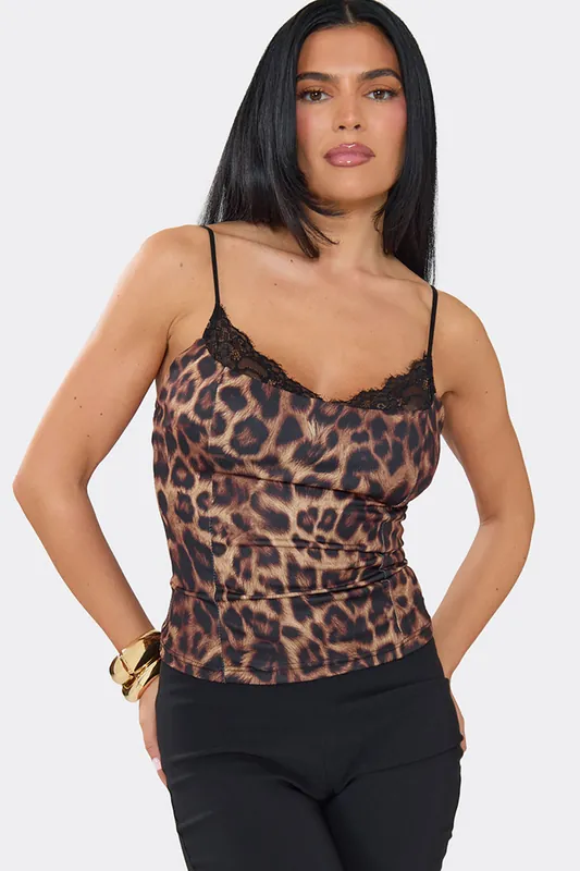 Strappy Sweetheart Neckline Lace Trim Leopard Print Corset Top - EGO