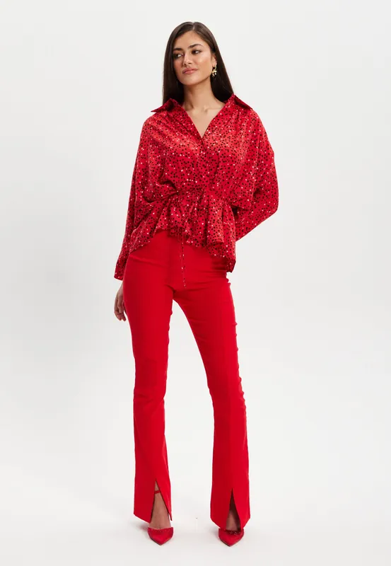 Heart Print Shirt With Long Sleeves And Tie Waist - Liquorish