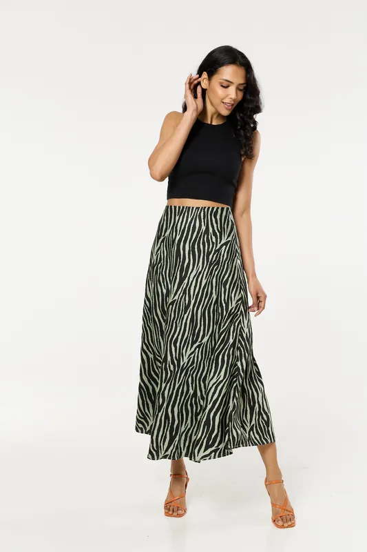 Green Zebra Print Satin Silk Blend Maxi Skirt - Liquorish