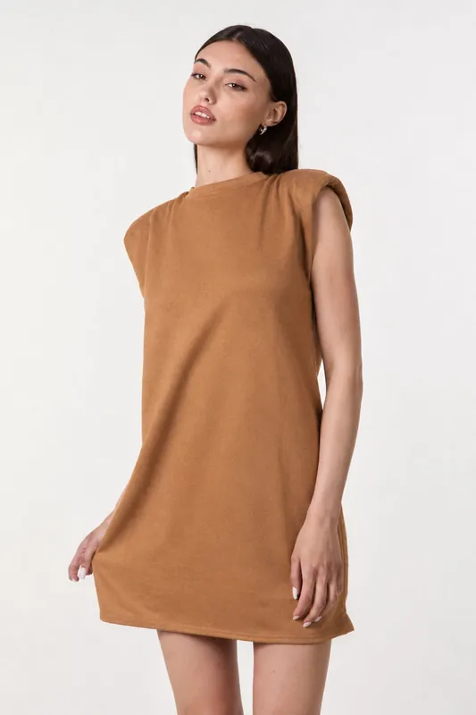 Camel Suedette Shoulder Pads Sleeveless Dress - Pink Vanilla