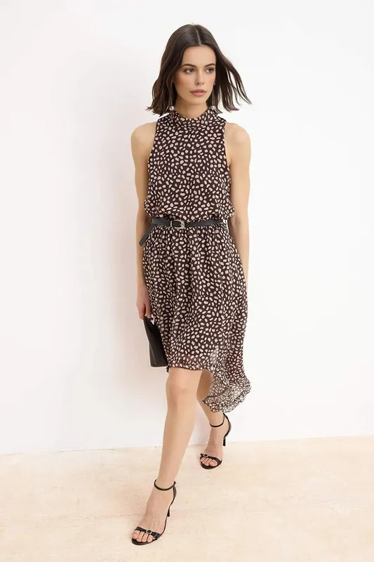 Polka Dot Belted Asymmetric Hem Midi Chiffon Dress - WOVCOR
