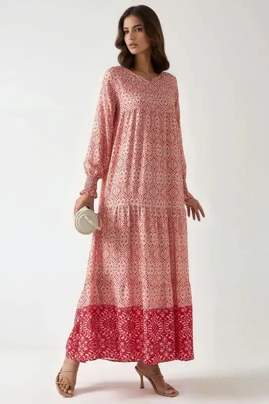 Printed Viscose Maxi Dress with Crew Neck - Hiccup