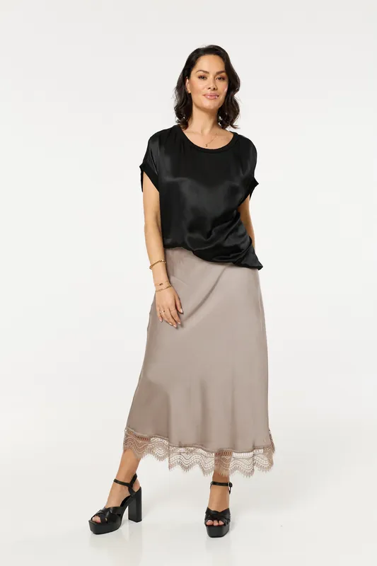 Taupe Lace Trim Satin Maxi Skirt - Liquorish