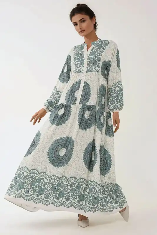 Printed Long Sleeve Viscose Maxi Dress - Hiccup