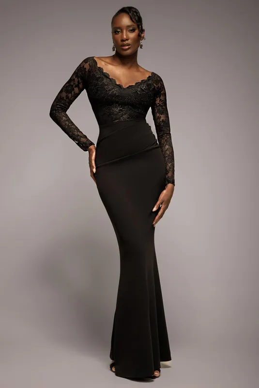 Scalloped Lace Bodice Long Sleeve Bardot Maxi Dress - Goddiva