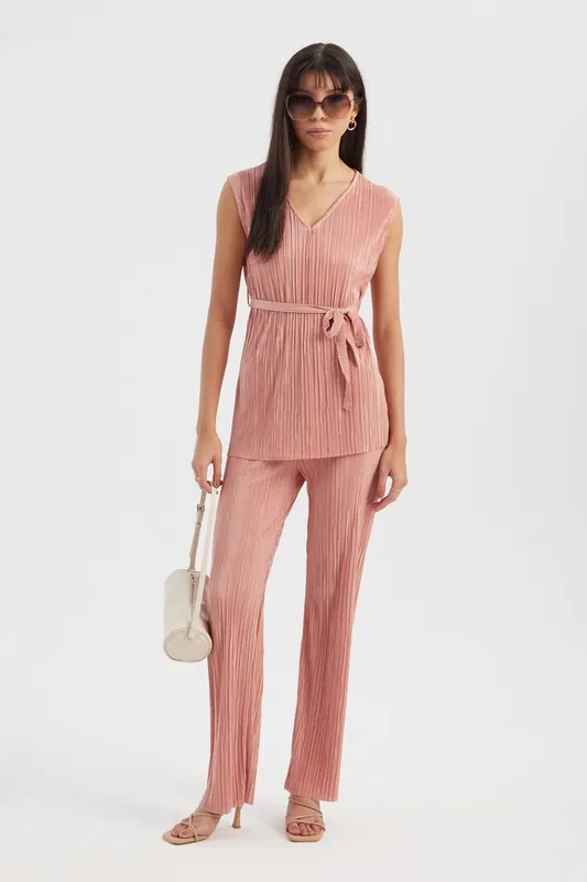 Pleated Sleeveless Blouse & High Waist Palazzo Trousers Coord - Hiccup