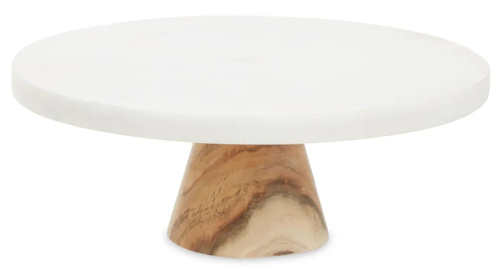 Monzaro Round White Marble And Acacia Wood Cake Stand - Orsina