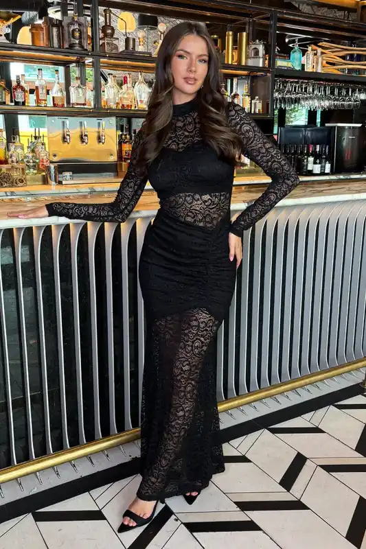 Black Lace Overlay Long Sleeve Fishtail Midi Dress - AX Paris