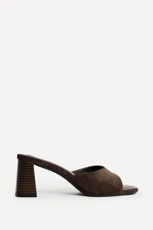 Cannes Brown Faux Suede Mule Heels - Linzi