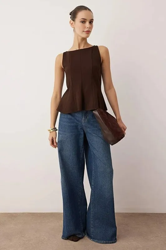 Peplum Boat Neck Stretch Knit Blouse - WOVCOR