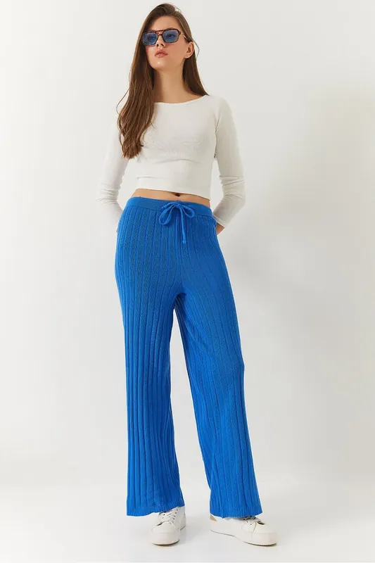 Textured Palazzo Pants with Drawstring Closure - Bianco Lucci