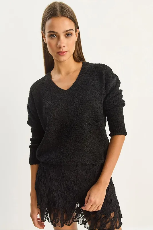 V-Neck Textured Knit Sweater