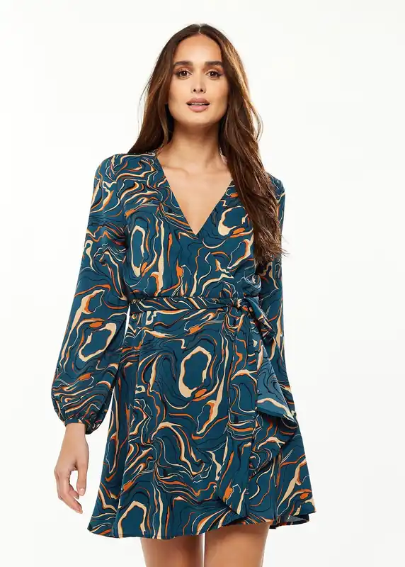 Scribble Print Mini Wrap Dress With Long sleeves in Dark Green - Liquorish